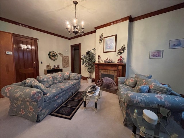 110 Edgar James St, Kane Boro, PA 16735 - living area with a chandelier, carpet floors, ornamental molding, and a fireplace