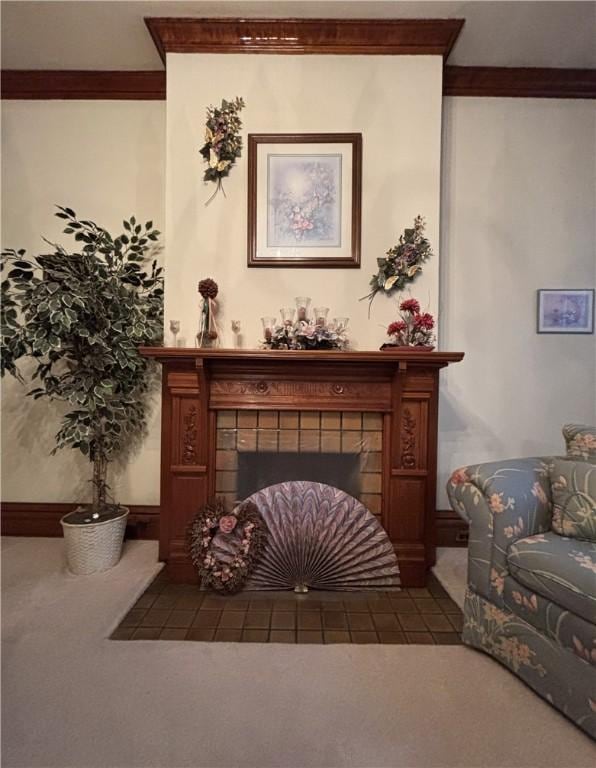 110 Edgar James St, Kane Boro, PA 16735 - carpeted living room featuring a tile fireplace and crown molding