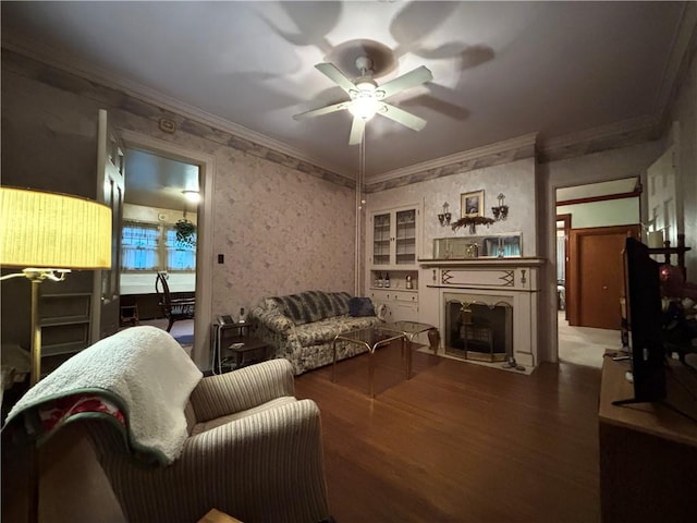 110 Edgar James St, Kane Boro, PA 16735 - living area featuring ornamental molding, ceiling fan, wood finished floors, and a fireplace