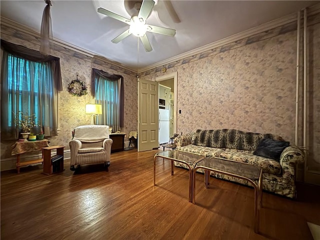 110 Edgar James St, Kane Boro, PA 16735 - sitting room with ceiling fan, wood finished floors, ornamental molding, and wallpapered walls