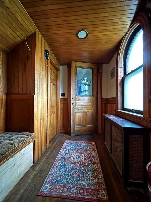 110 Edgar James St, Kane Boro, PA 16735 - doorway to outside featuring wood ceiling, wooden walls, wood finished floors, a wainscoted wall, and radiator heating unit