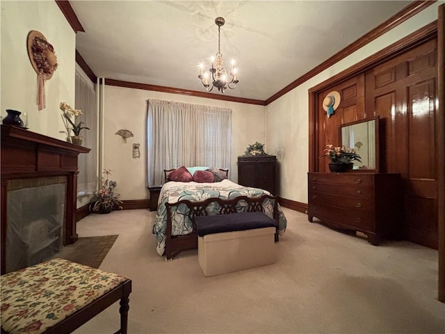 110 Edgar James St, Kane Boro, PA 16735 - carpeted bedroom featuring a chandelier, a fireplace with flush hearth, baseboards, and crown molding