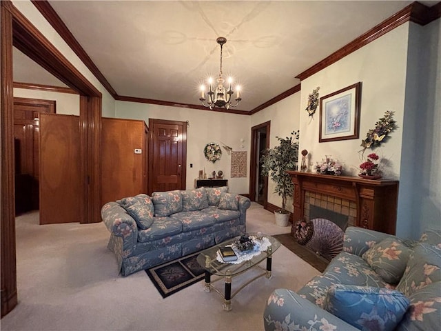 110 Edgar James St, Kane Boro, PA 16735 - living area featuring a chandelier, carpet, ornamental molding, and a fireplace