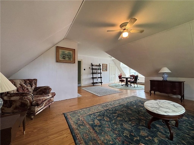 110 Edgar James St, Kane Boro, PA 16735 - living area featuring lofted ceiling, wood finished floors, and ceiling fan