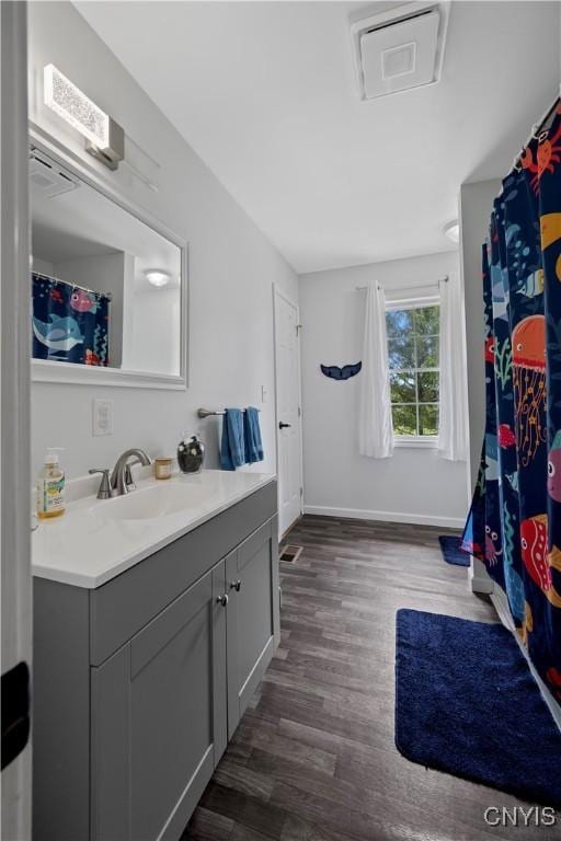 3232 Lyon Rd, Nelson, NY 13035 - bathroom featuring vanity, wood finished floors, baseboards, and curtained shower