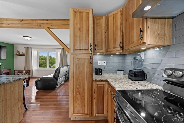 3232 Lyon Rd, Nelson, NY 13035 - kitchen with stainless steel electric range, under cabinet range hood, wood finished floors, light stone counters, and decorative backsplash