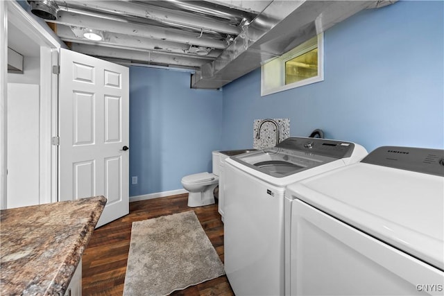 3232 Lyon Rd, Nelson, NY 13035 - laundry room with dark wood-style floors, washer and clothes dryer, and baseboards