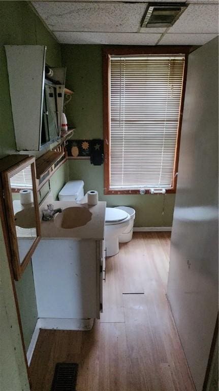 7978 Tuttle Rd, Prattsburgh, NY 14873 - half bath featuring wood finished floors, toilet, vanity, baseboards, and a paneled ceiling