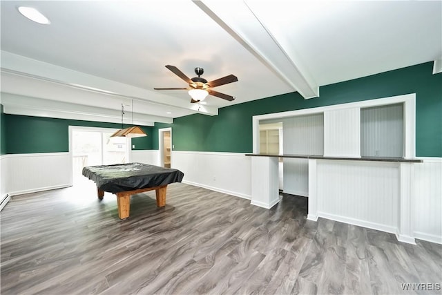 5002 Armor Duells Rd, Orchard Park, NY 14127 - rec room with wainscoting, beam ceiling, ceiling fan, wood finished floors, and billiards table