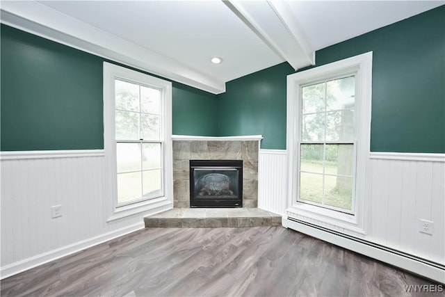 5002 Armor Duells Rd, Orchard Park, NY 14127 - unfurnished living room featuring a baseboard heating unit, wainscoting, beamed ceiling, a fireplace, and wood finished floors