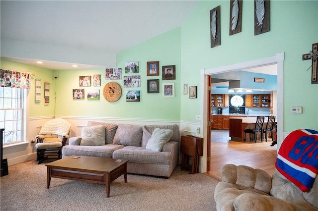 490 Bennett Pkwy, Hornellsville, NY 14843 - living room with high vaulted ceiling and light colored carpet