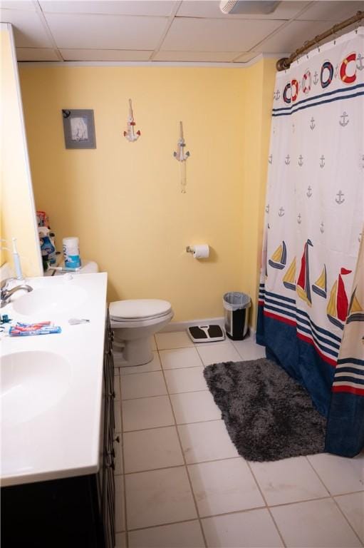 490 Bennett Pkwy, Hornellsville, NY 14843 - bathroom with vanity, tile patterned flooring, toilet, a drop ceiling, and a shower with shower curtain
