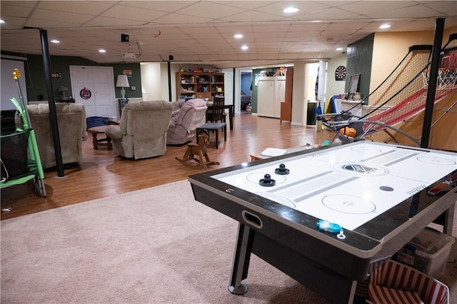 490 Bennett Pkwy, Hornellsville, NY 14843 - rec room featuring carpet, wood finished floors, and a drop ceiling