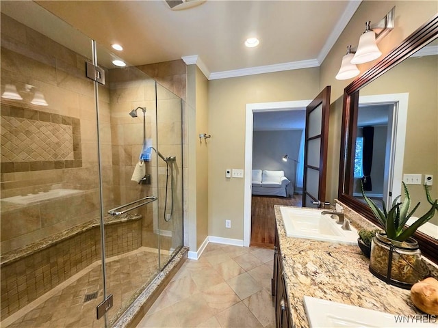 34 Maple St, Ellery, NY 14712 - full bath with crown molding, double vanity, a stall shower, connected bathroom, and baseboards