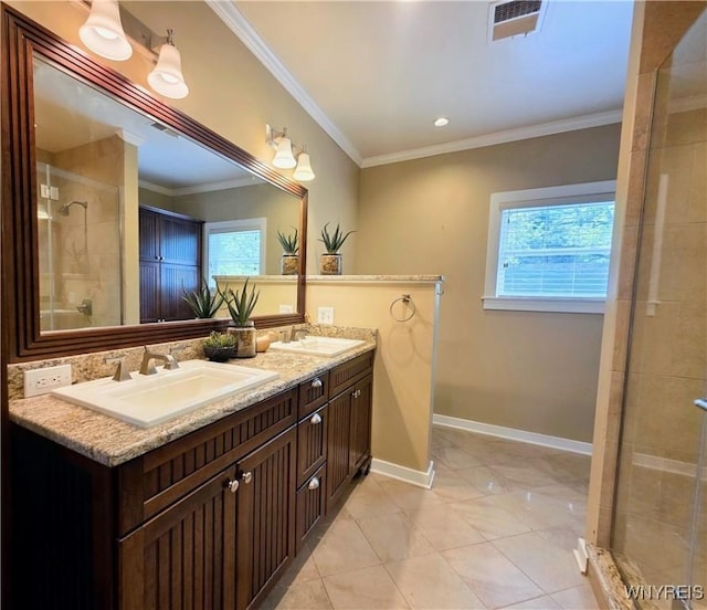 34 Maple St, Ellery, NY 14712 - bathroom with plenty of natural light, double vanity, ornamental molding, a shower stall, and baseboards