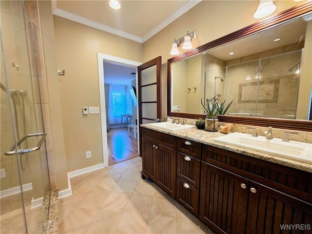 34 Maple St, Ellery, NY 14712 - bathroom with ornamental molding, double vanity, a shower stall, and baseboards