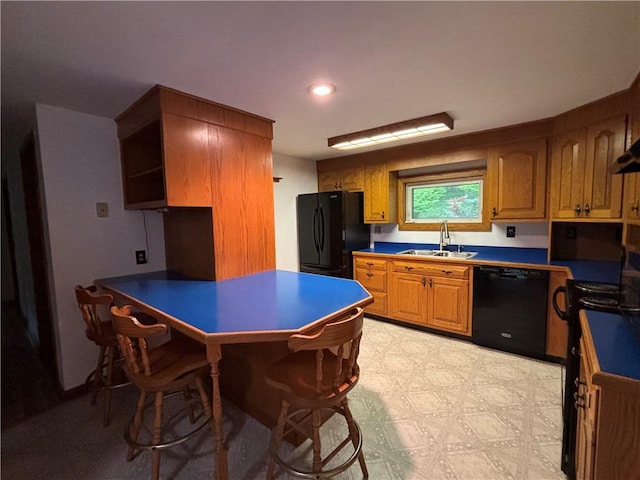 606 County Highway 12, Laurens, NY 13796 - kitchen with black appliances, a sink, a peninsula, light floors, and open shelves