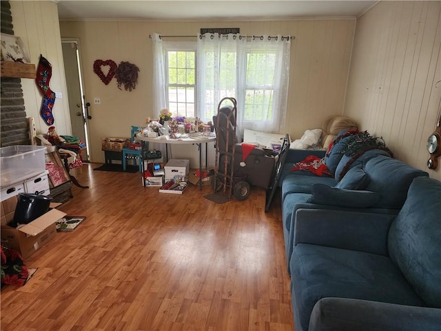 7650 Grant Avenue Rd, Sennett, NY 13021 - living area featuring light wood-style flooring, ornamental molding, and wood walls