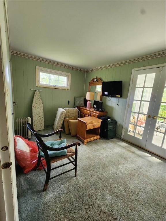 7650 Grant Avenue Rd, Sennett, NY 13021 - carpeted living room with radiator, french doors, and ornamental molding