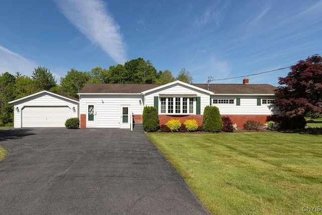 299 Sharp Rd, Granby, NY 13069 - ranch-style house featuring an outdoor structure, a detached garage, brick siding, and a front lawn