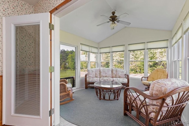 299 Sharp Rd, Granby, NY 13069 - sunroom / solarium with a ceiling fan, vaulted ceiling, carpet floors, and an outdoor living space