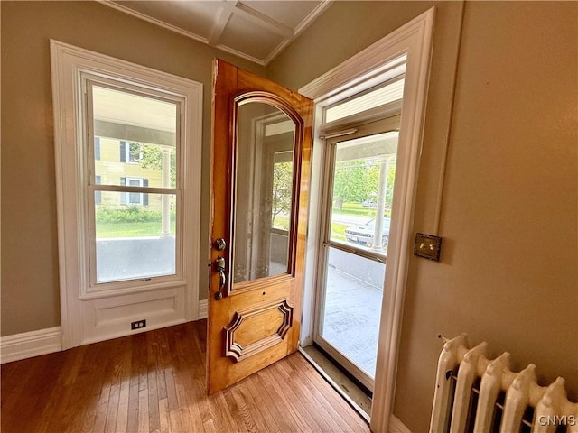140 Maple St, Le Ray, NY 13612 - doorway with radiator heating unit, hardwood / wood-style floors, ornamental molding, and baseboards