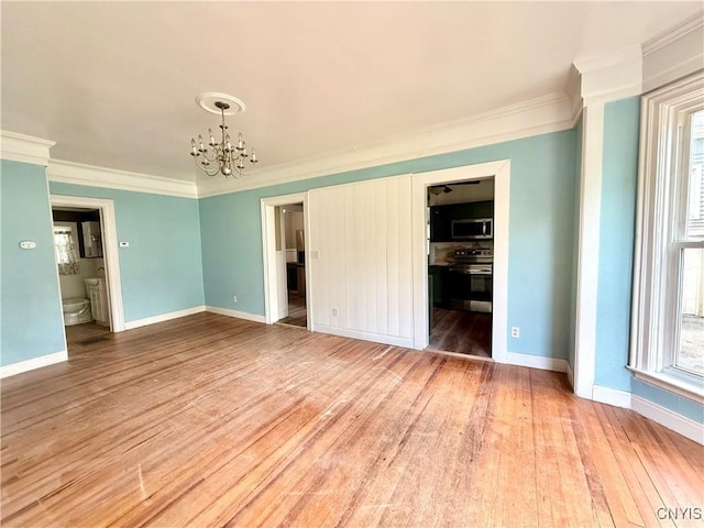 140 Maple St, Le Ray, NY 13612 - unfurnished bedroom featuring a chandelier, baseboards, ornamental molding, light wood-style floors, and multiple windows