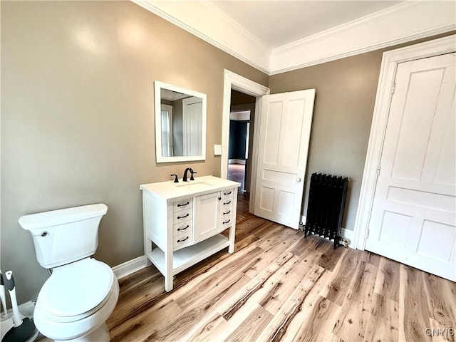 140 Maple St, Le Ray, NY 13612 - bathroom featuring vanity, radiator heating unit, crown molding, toilet, and wood finished floors