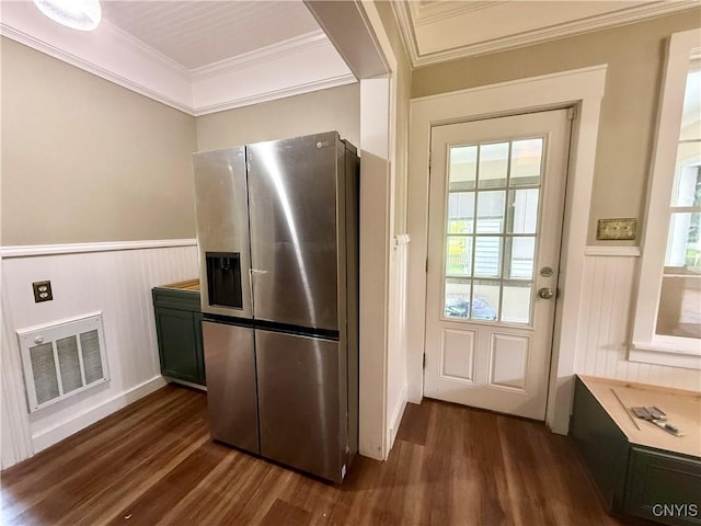 140 Maple St, Le Ray, NY 13612 - kitchen with stainless steel fridge with ice dispenser, dark wood-style flooring, ornamental molding, and a wainscoted wall