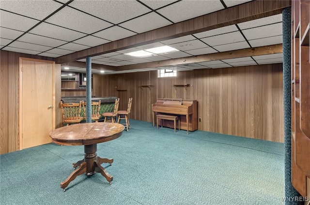 2923 N Ave, Niagara Falls, NY 14305 - below grade area with carpet, wooden walls, a paneled ceiling, and a bar