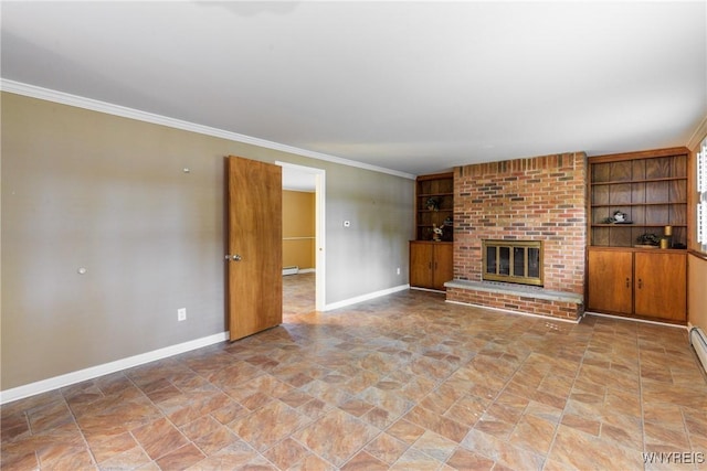 24 Glenbourne Ct, Amherst, NY 14221 - unfurnished living room with stone finish flooring, baseboards, built in features, crown molding, and a baseboard heating unit