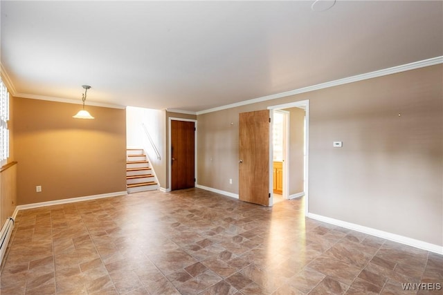 24 Glenbourne Ct, Amherst, NY 14221 - empty room featuring crown molding, stairs, baseboard heating, and baseboards