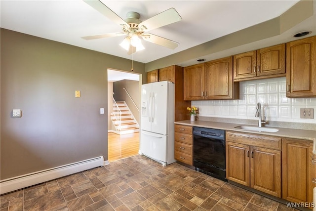 24 Glenbourne Ct, Amherst, NY 14221 - kitchen with dishwasher, white refrigerator with ice dispenser, a sink, a baseboard radiator, and a ceiling fan