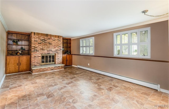 24 Glenbourne Ct, Amherst, NY 14221 - unfurnished living room featuring a baseboard radiator, built in shelves, baseboards, ornamental molding, and a fireplace