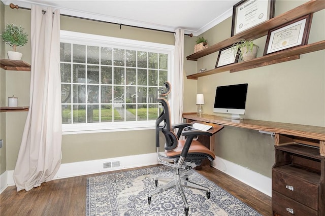 196 Elmcroft Rd, Rochester, NY 14609 - home office with wood finished floors, baseboards, ornamental molding, and built in desk