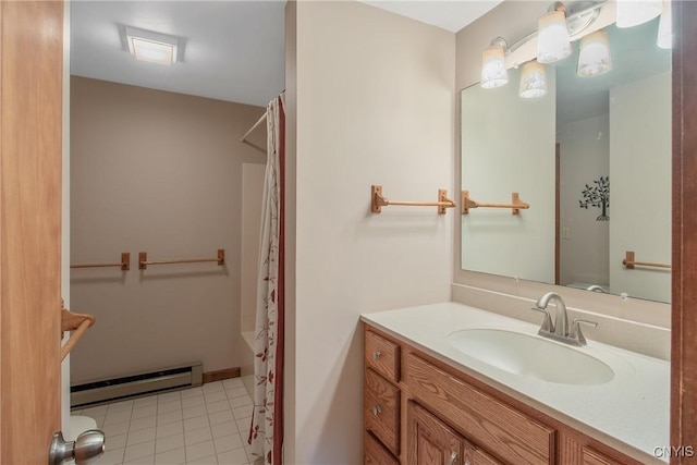 8974 Fenner Rd, Lysander, NY 13027 - bathroom with baseboard heating, vanity, tile patterned floors, and shower / bath combination with curtain