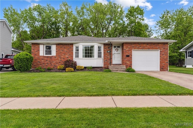 75 Greenmeadow Dr, West Seneca, NY 14224 - view of front facade featuring concrete driveway, a garage, brick siding, a front lawn, and entry steps
