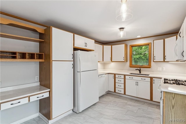 75 Greenmeadow Dr, West Seneca, NY 14224 - kitchen featuring white appliances, a sink, white cabinetry, and light countertops