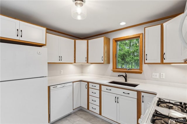 75 Greenmeadow Dr, West Seneca, NY 14224 - kitchen with white appliances, a sink, light countertops, and white cabinetry