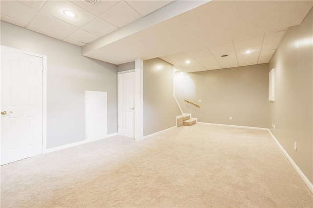 1156 Channing Woods Dr, Webster, NY 14580 - finished basement with carpet floors, baseboards, a paneled ceiling, stairway, and recessed lighting
