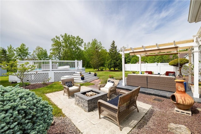 1156 Channing Woods Dr, Webster, NY 14580 - view of patio / terrace featuring an outdoor living space with a fire pit, a deck, and a pergola