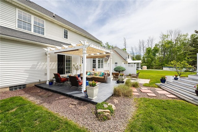1156 Channing Woods Dr, Webster, NY 14580 - rear view of house with an outdoor living space, a pergola, a patio area, a lawn, and a shingled roof