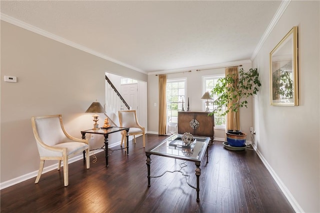 1156 Channing Woods Dr, Webster, NY 14580 - living area featuring stairs, hardwood / wood-style floors, crown molding, and baseboards