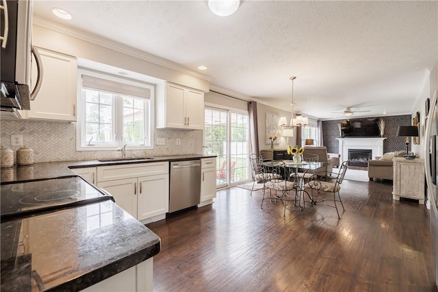 1156 Channing Woods Dr, Webster, NY 14580 - kitchen featuring appliances with stainless steel finishes, crown molding, a sink, dark wood finished floors, and a fireplace