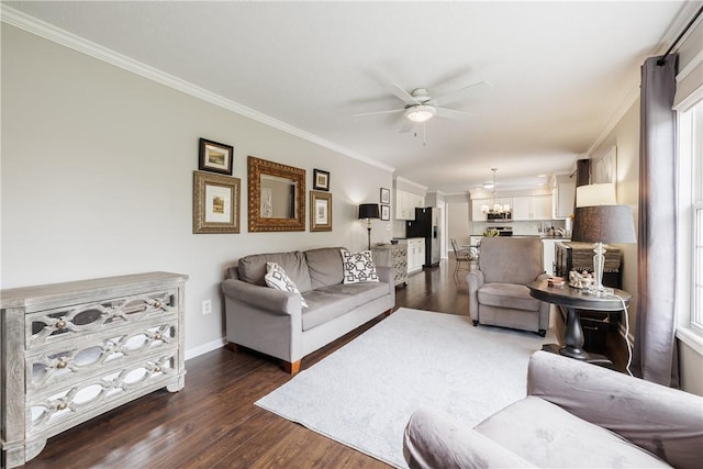 1156 Channing Woods Dr, Webster, NY 14580 - living room featuring crown molding, ceiling fan, dark wood-type flooring, and baseboards