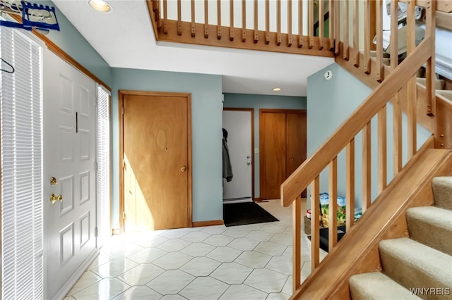 113 Meadow Spring Ln, Amherst, NY 14051 - entrance foyer featuring stairway, tile patterned floors, and recessed lighting