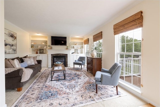 717 Westwood Trl, Walworth, NY 14502 - carpeted living area with crown molding, a fireplace, and built in features