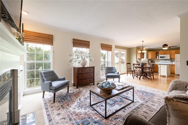 717 Westwood Trl, Walworth, NY 14502 - living area with a glass covered fireplace, healthy amount of natural light, a chandelier, crown molding, and a ceiling fan