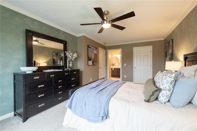 717 Westwood Trl, Walworth, NY 14502 - bedroom featuring light carpet, crown molding, ceiling fan, ensuite bath, and baseboards