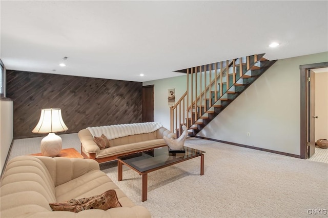 8807 Wandering Way, Lysander, NY 13027 - carpeted living room with stairway, recessed lighting, baseboards, and an accent wall